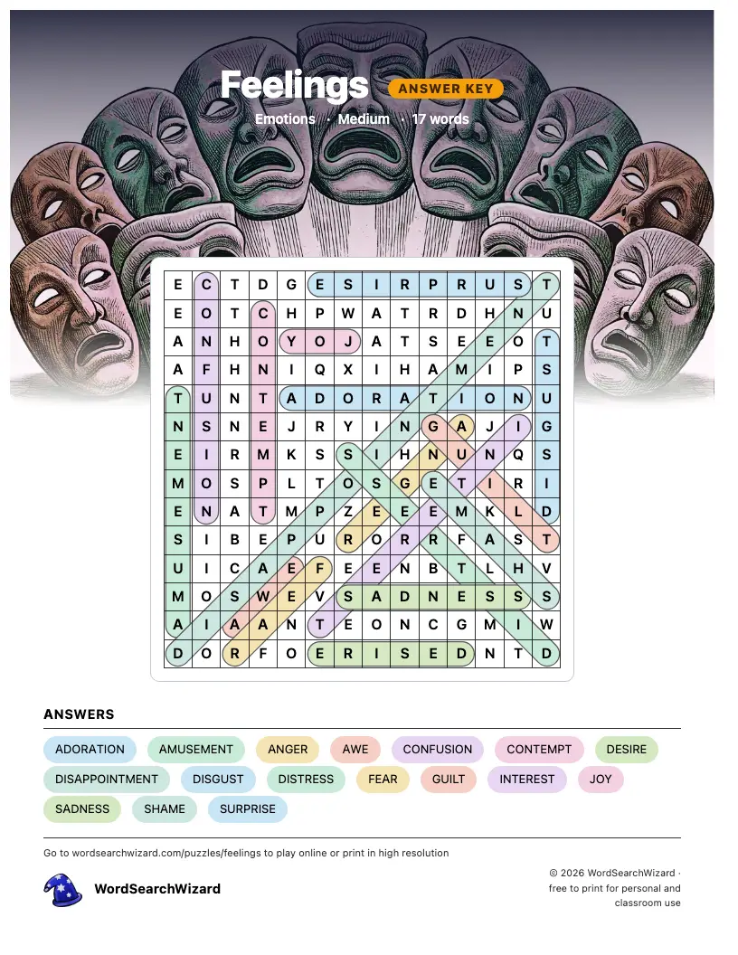 Feelings word search answer key, all 17 words marked