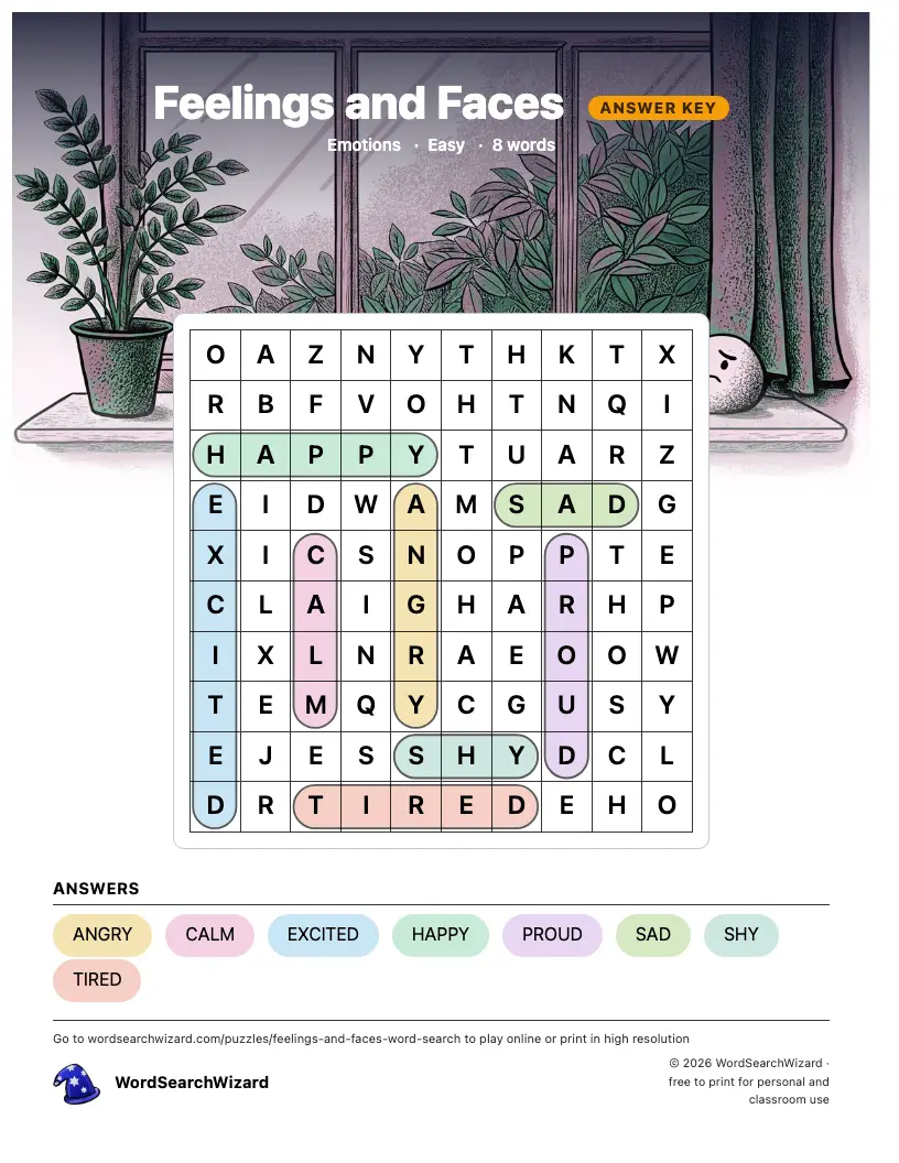 Feelings and Faces word search answer key, all 8 words marked
