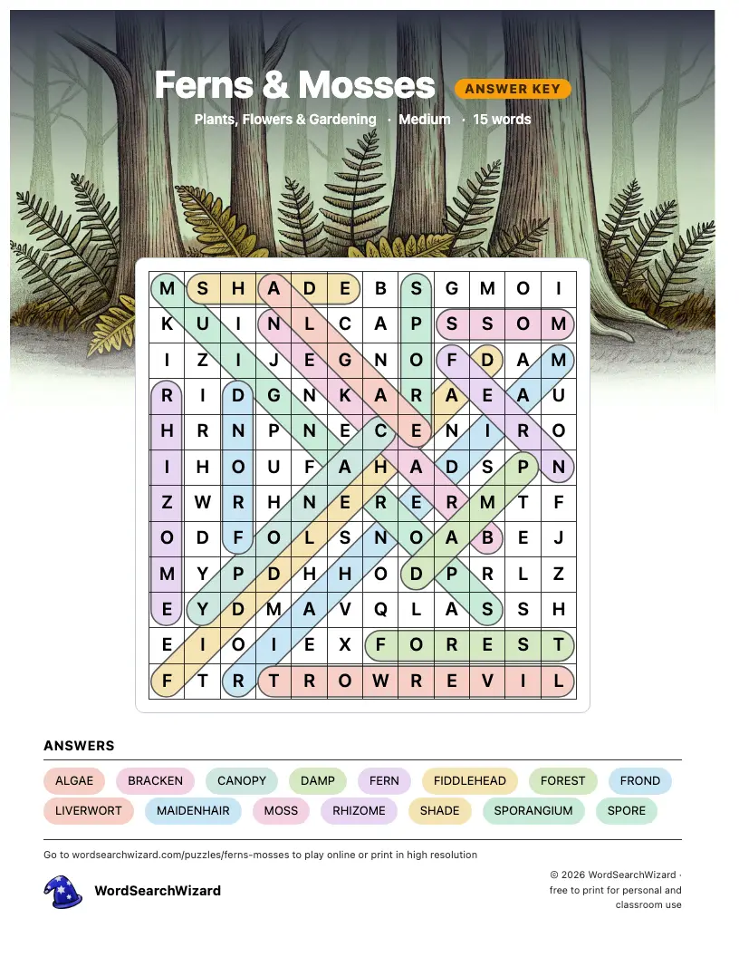 Ferns & Mosses word search answer key, all 15 words marked