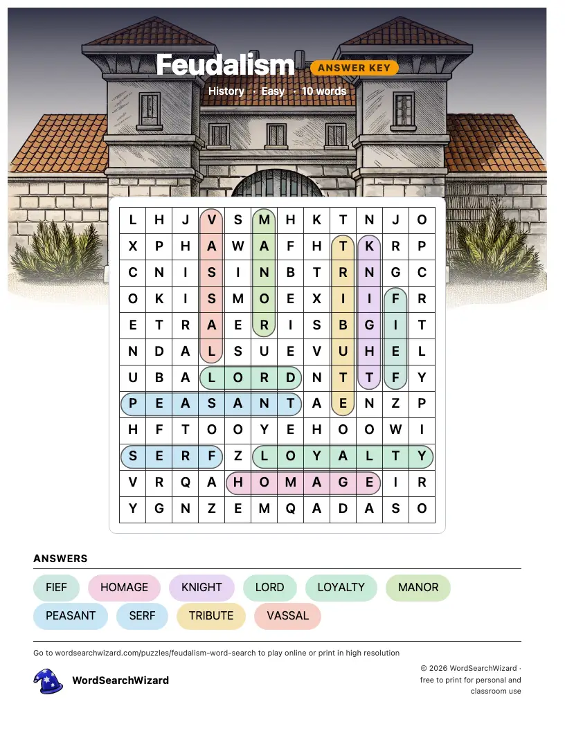 Feudalism word search answer key, all 10 words marked