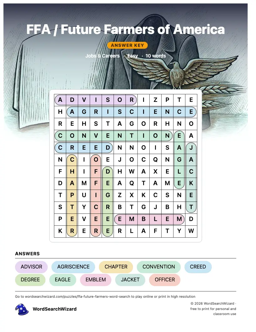 FFA / Future Farmers of America word search answer key, all 10 words marked