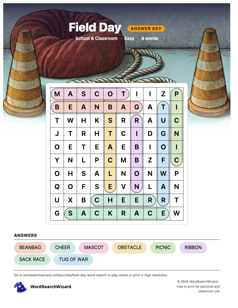 Field Day word search answer key, all 8 words marked