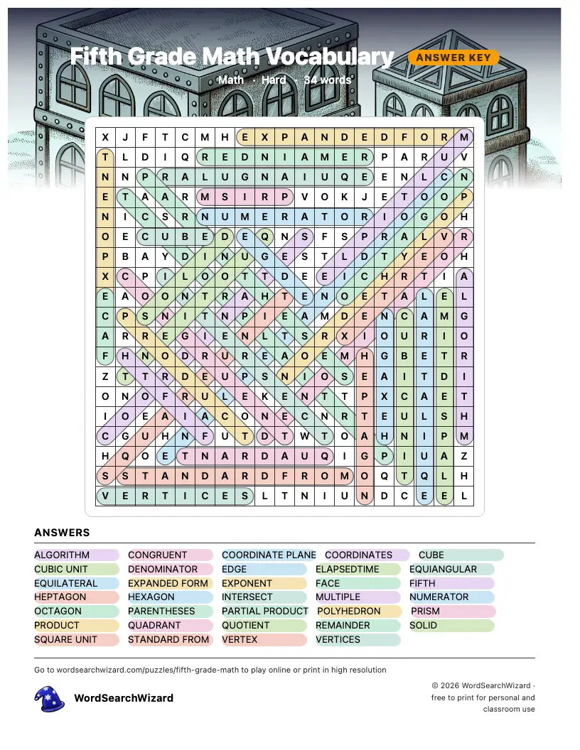 Fifth Grade Math Vocabulary word search answer key, all 34 words marked