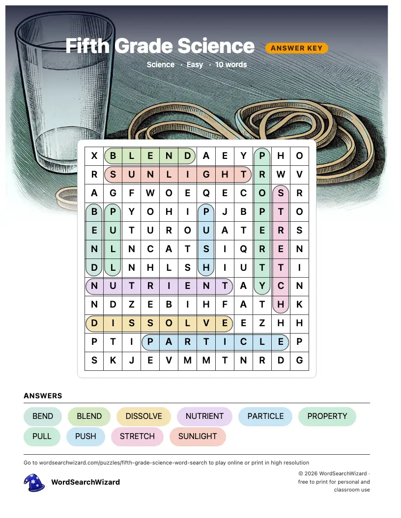 Fifth Grade Science word search answer key, all 10 words marked