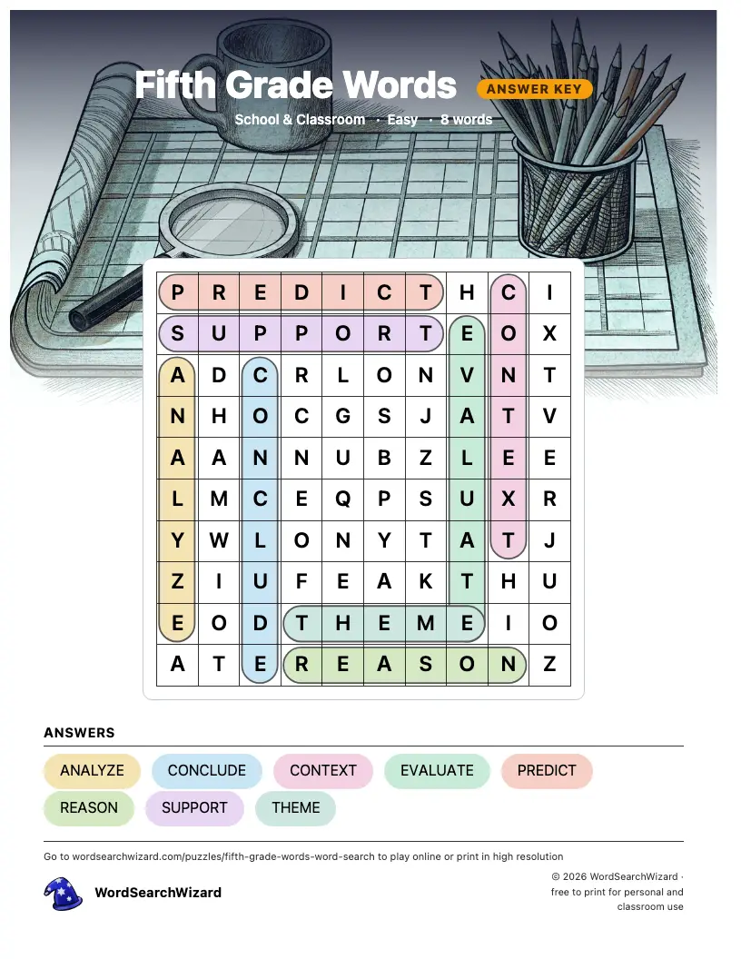 Fifth Grade Words word search answer key, all 8 words marked
