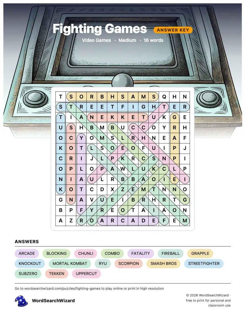 Fighting Games word search answer key, all 16 words marked
