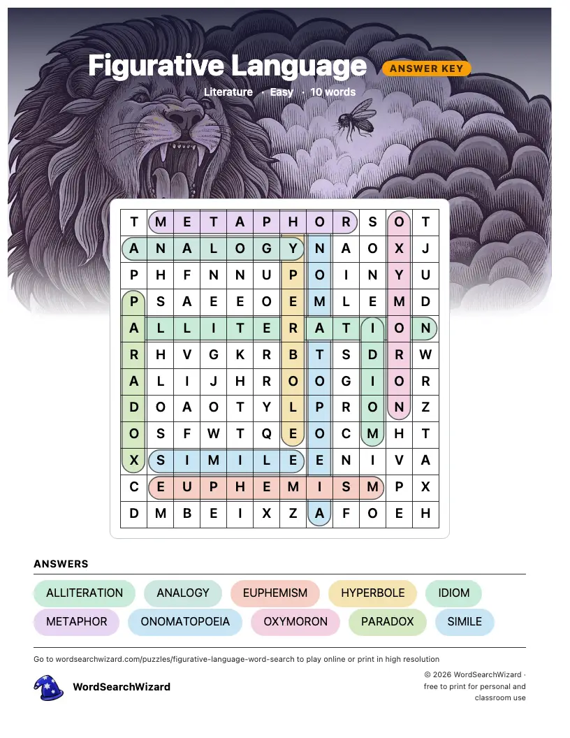 Figurative Language word search answer key, all 10 words marked
