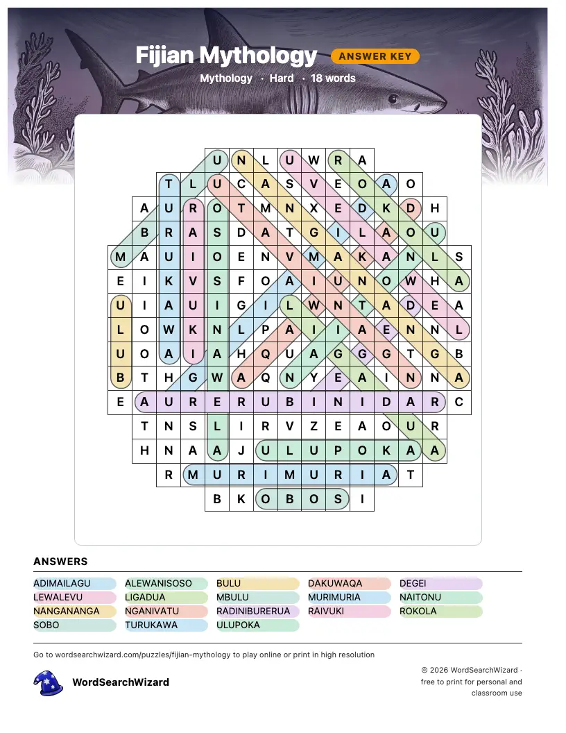Fijian Mythology word search answer key, all 18 words marked