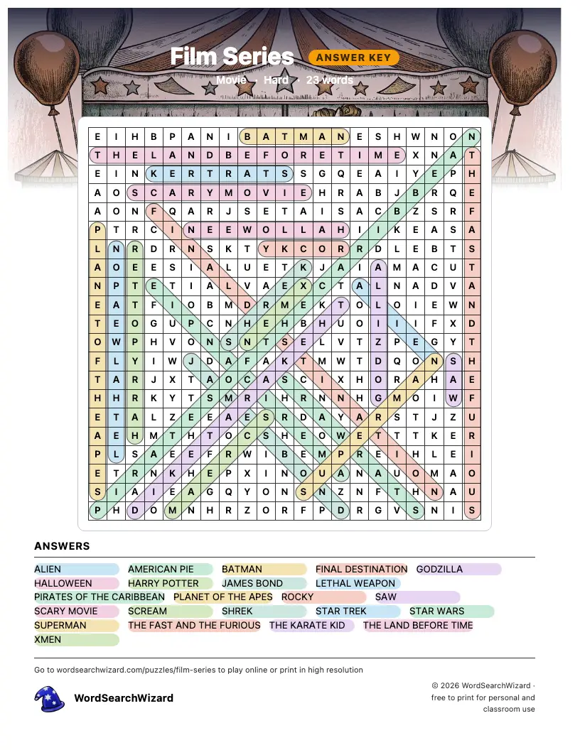 Film Series word search answer key, all 23 words marked