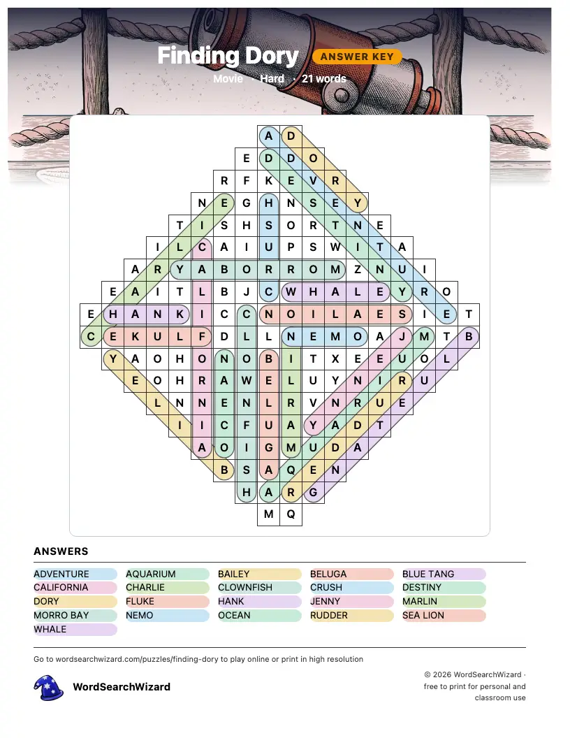 Finding Dory word search answer key, all 21 words marked
