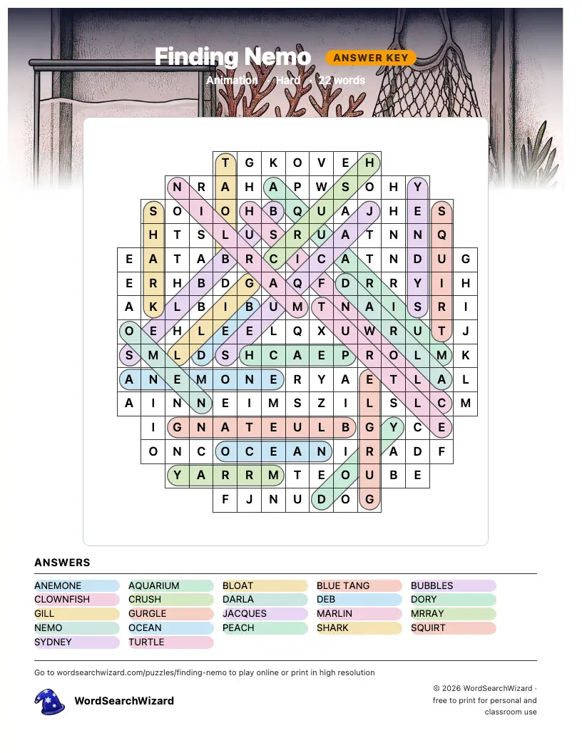 Finding Nemo word search answer key, all 22 words marked