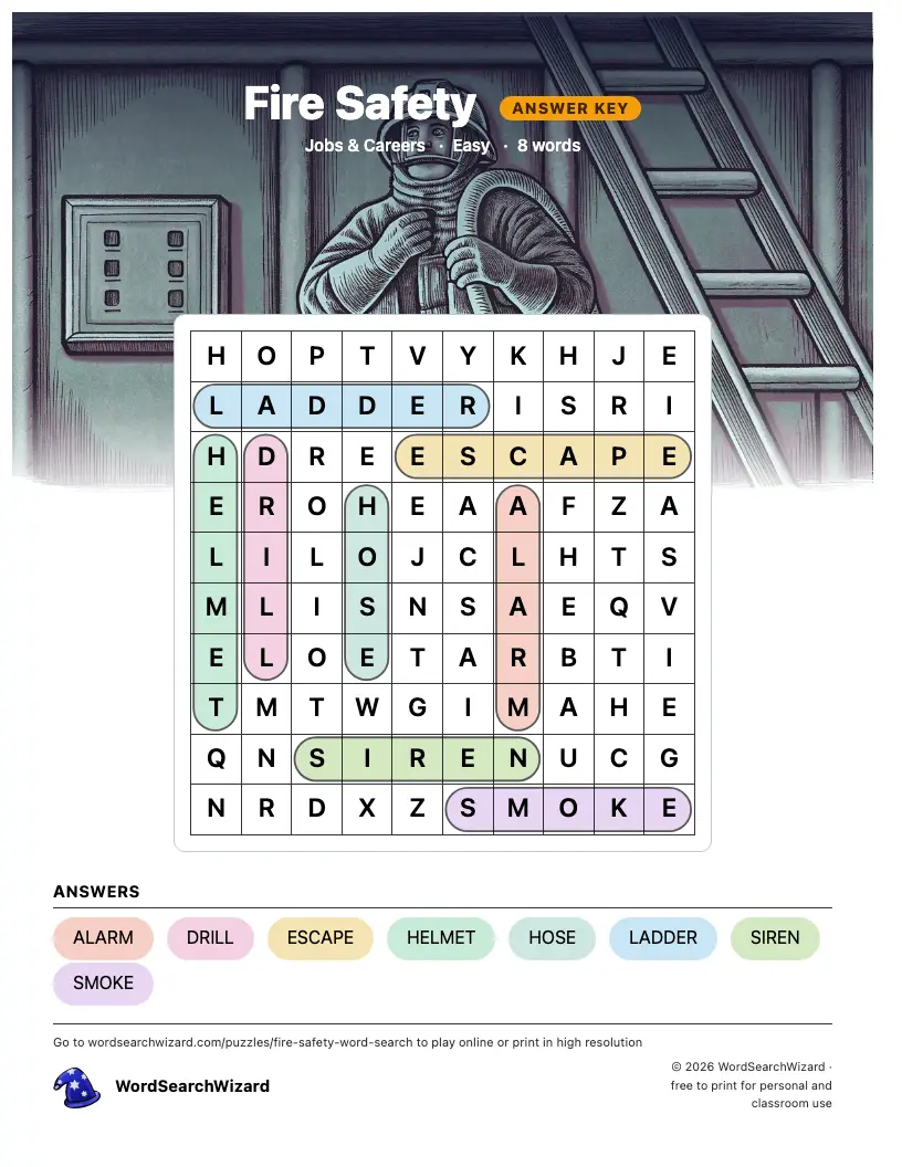 Fire Safety word search answer key, all 8 words marked