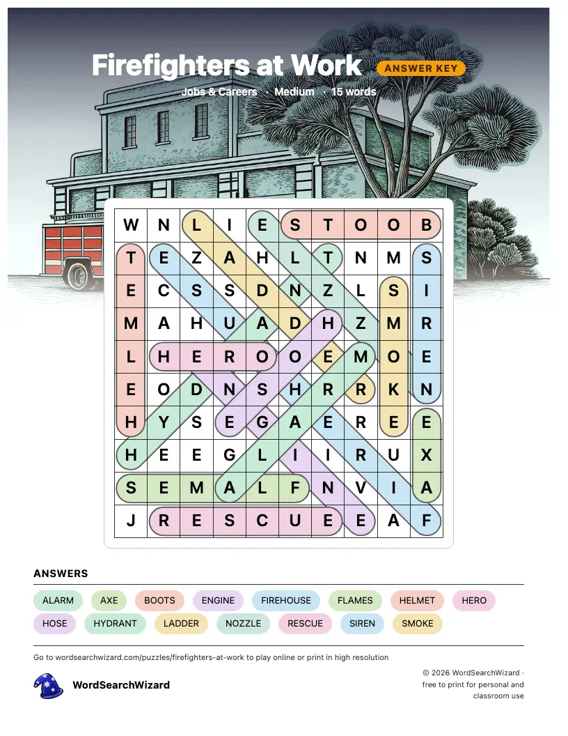 Firefighters at Work word search answer key, all 15 words marked