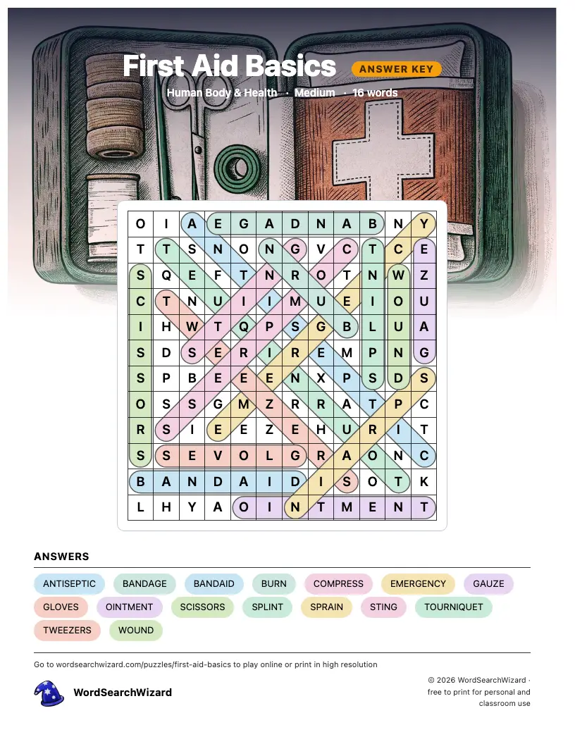 First Aid Basics word search answer key, all 16 words marked