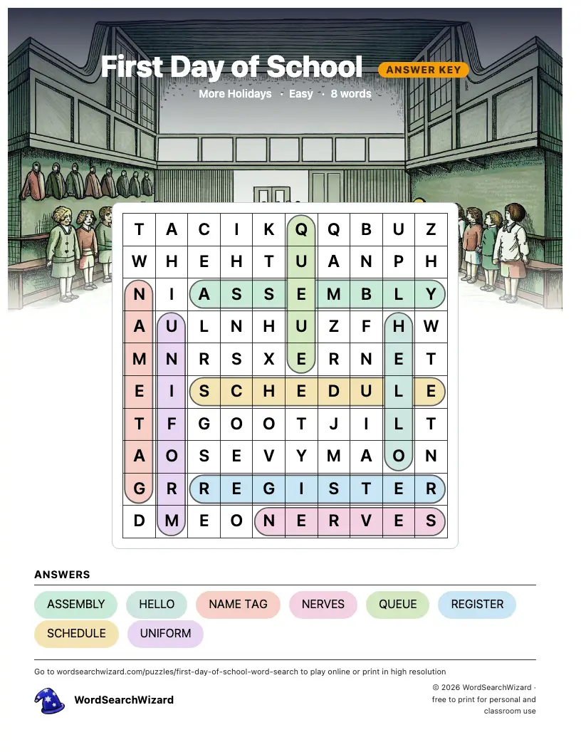 First Day of School word search answer key, all 8 words marked