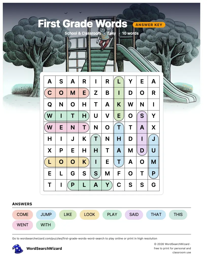 First Grade Words word search answer key, all 10 words marked