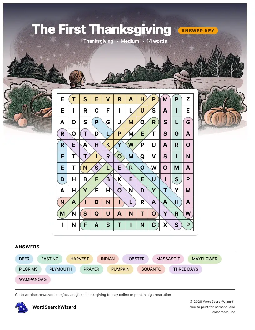 The First Thanksgiving word search answer key, all 14 words marked