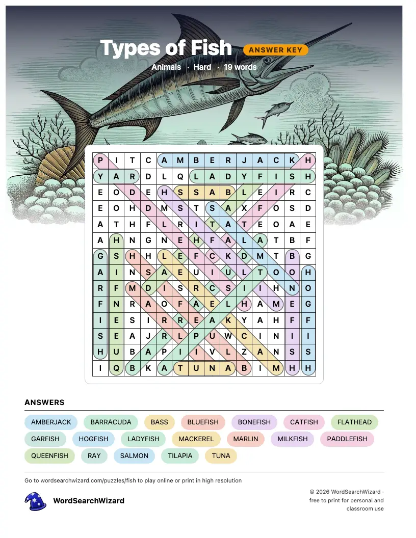Types of Fish word search answer key, all 19 words marked
