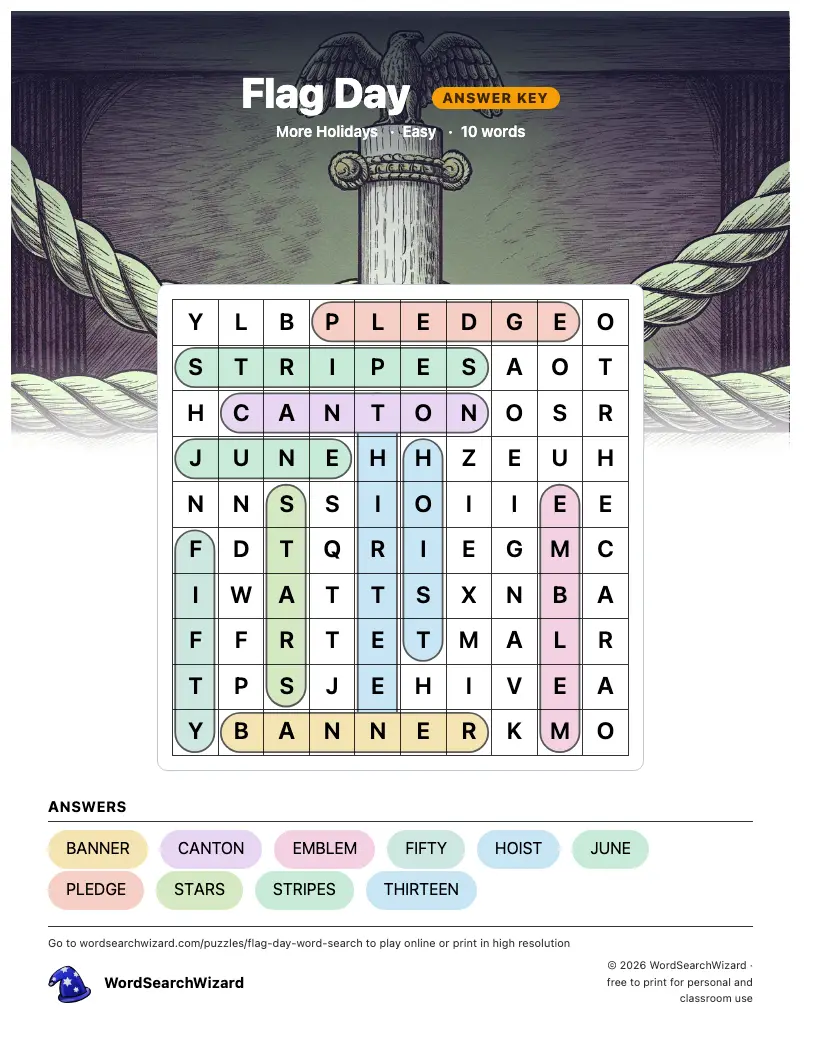 Flag Day word search answer key, all 10 words marked