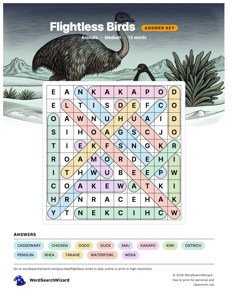 Flightless Birds word search answer key, all 13 words marked