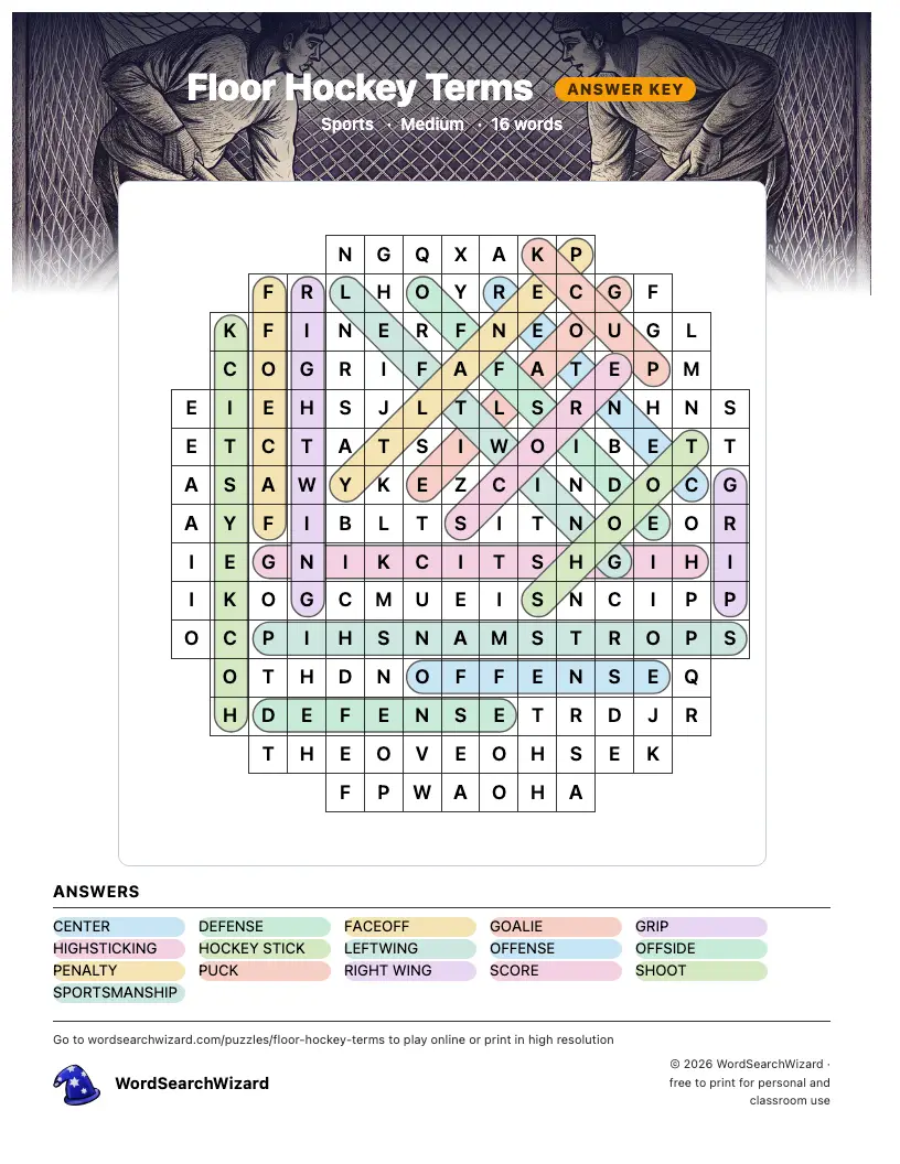 Floor Hockey Terms word search answer key, all 16 words marked