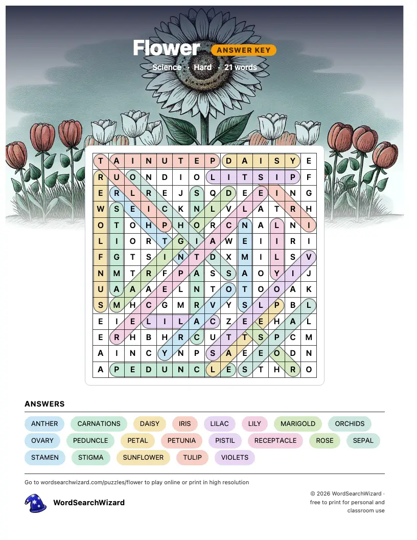 Flower word search answer key, all 21 words marked