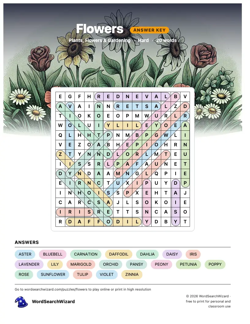 Flowers word search answer key, all 20 words marked
