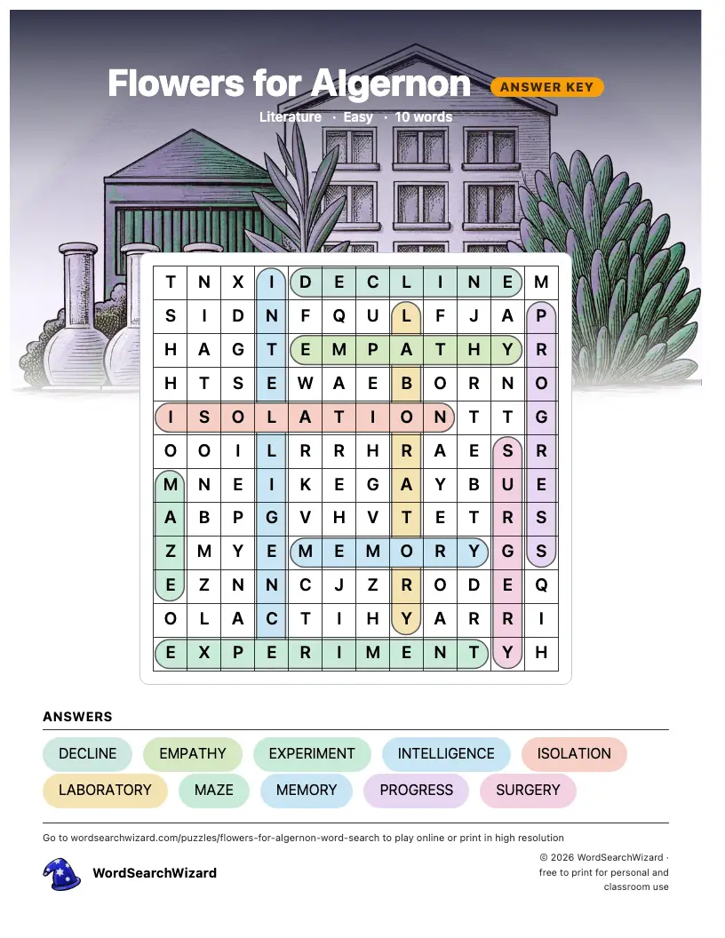 Flowers for Algernon word search answer key, all 10 words marked