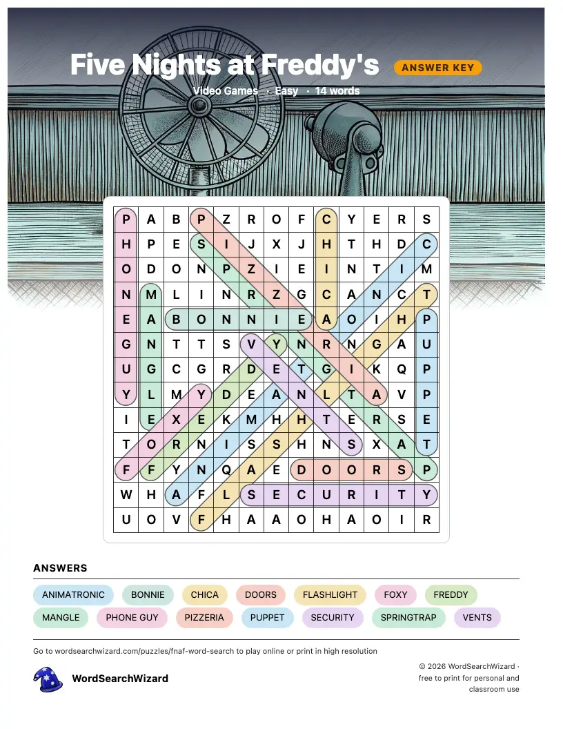 Five Nights at Freddy's word search answer key, all 14 words marked
