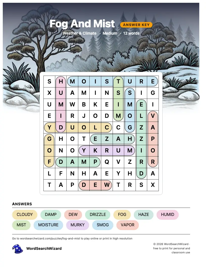 Fog And Mist word search answer key, all 12 words marked