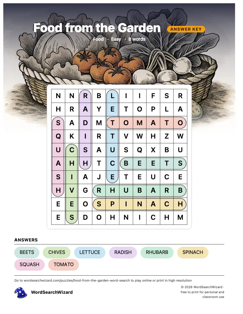 Food from the Garden word search answer key, all 8 words marked