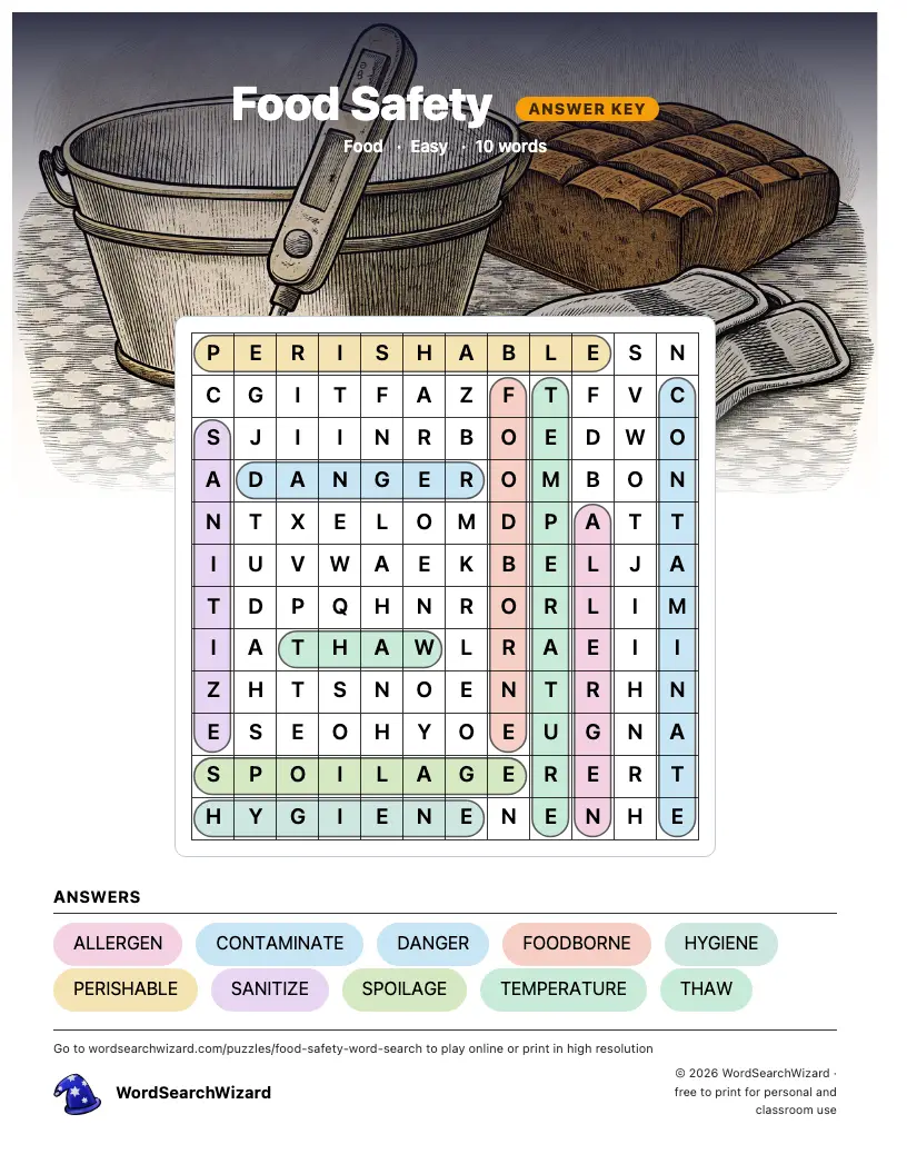 Food Safety word search answer key, all 10 words marked