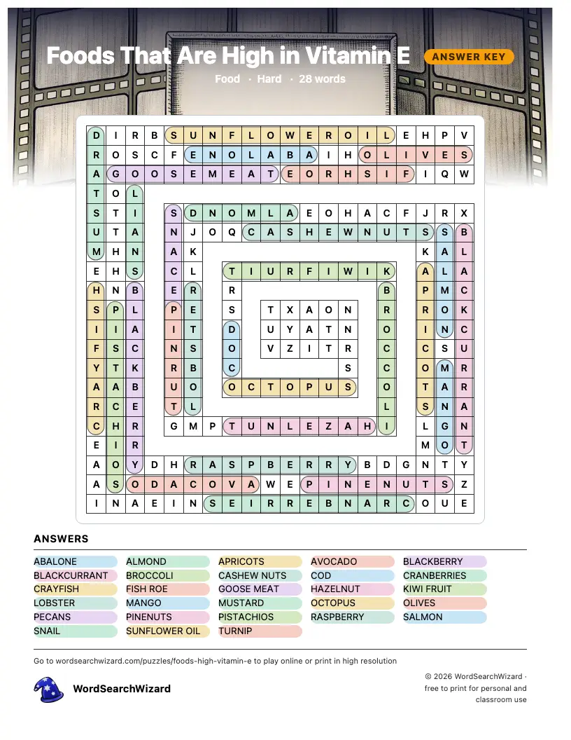 Foods That Are High in Vitamin E word search answer key, all 28 words marked