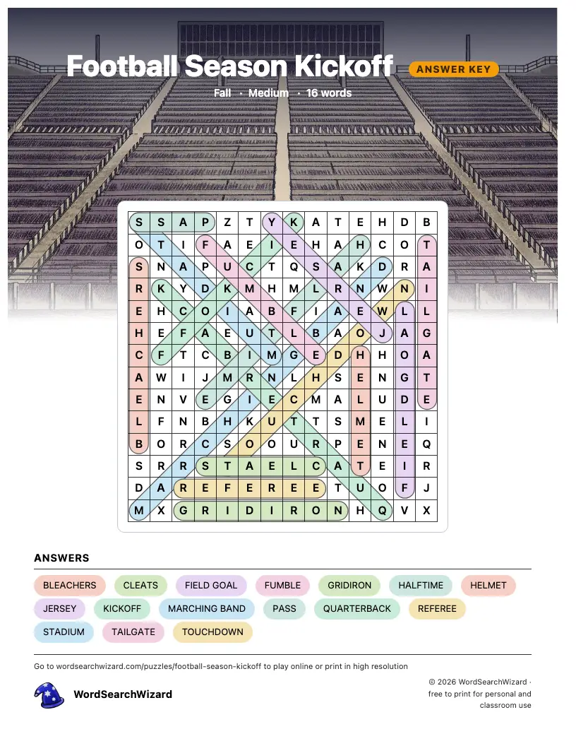 Football Season Kickoff word search answer key, all 16 words marked