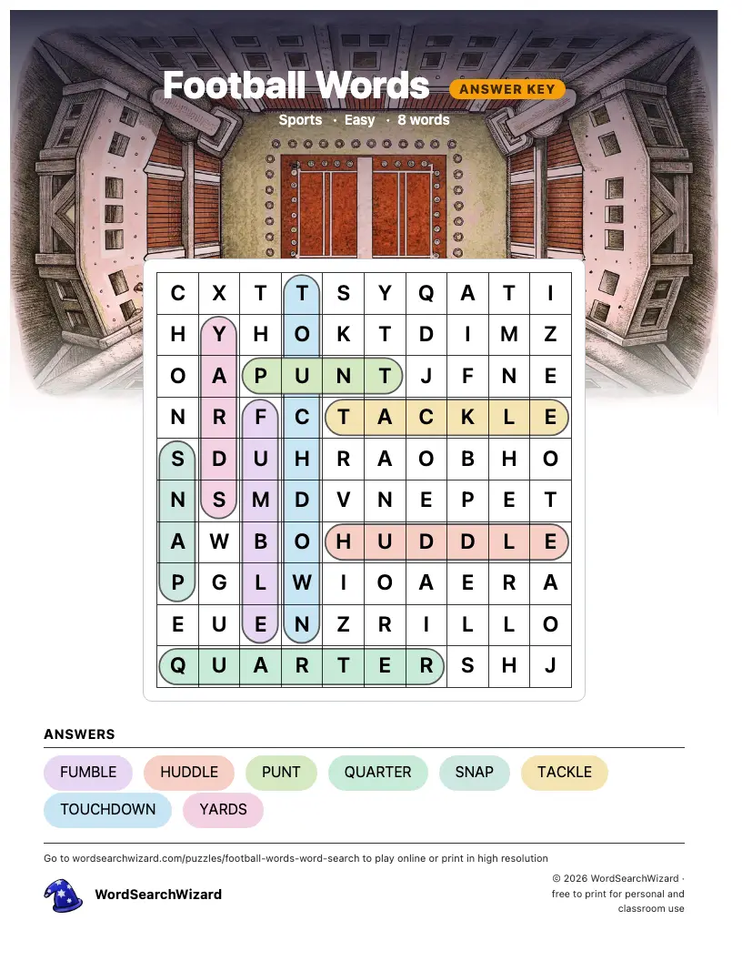 Football Words word search answer key, all 8 words marked