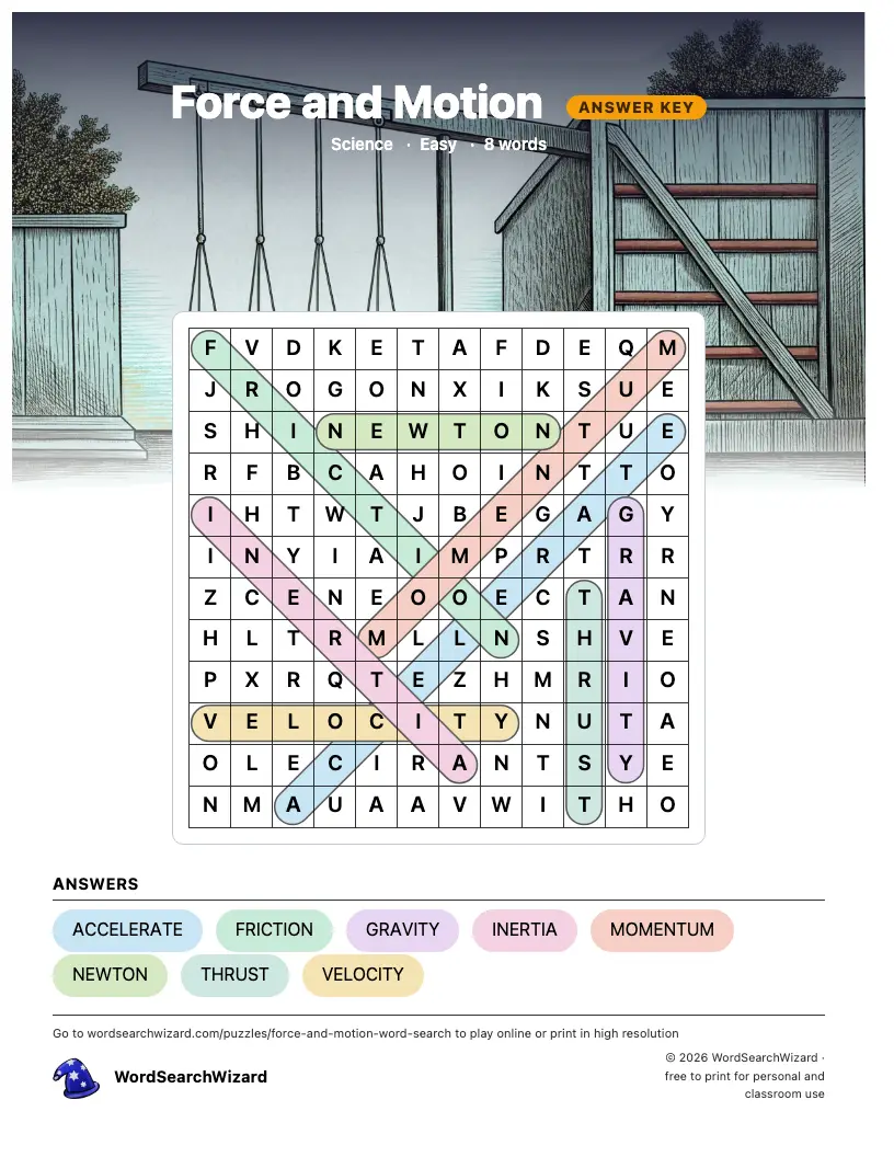 Force and Motion word search answer key, all 8 words marked