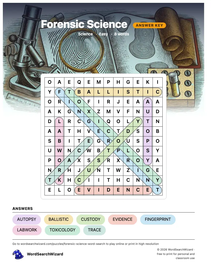 Forensic Science word search answer key, all 8 words marked
