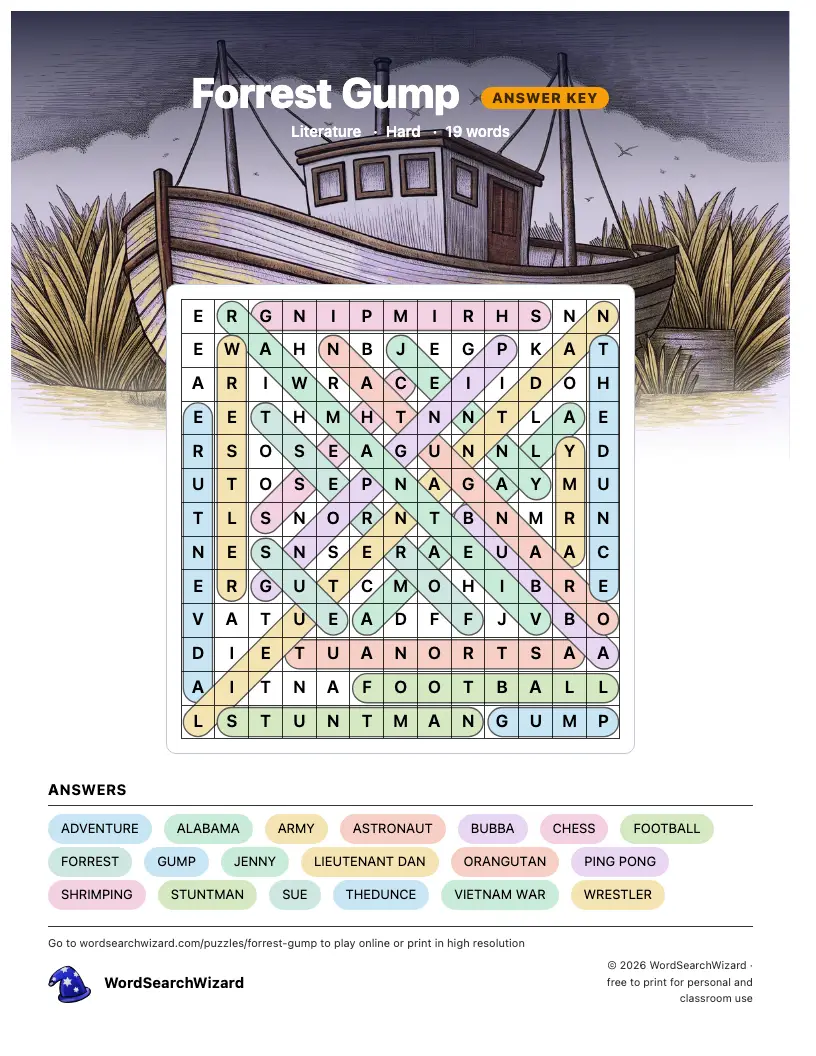 Forrest Gump word search answer key, all 19 words marked