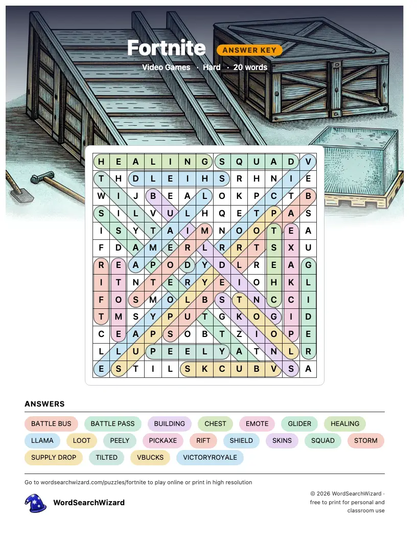 Fortnite word search answer key, all 20 words marked