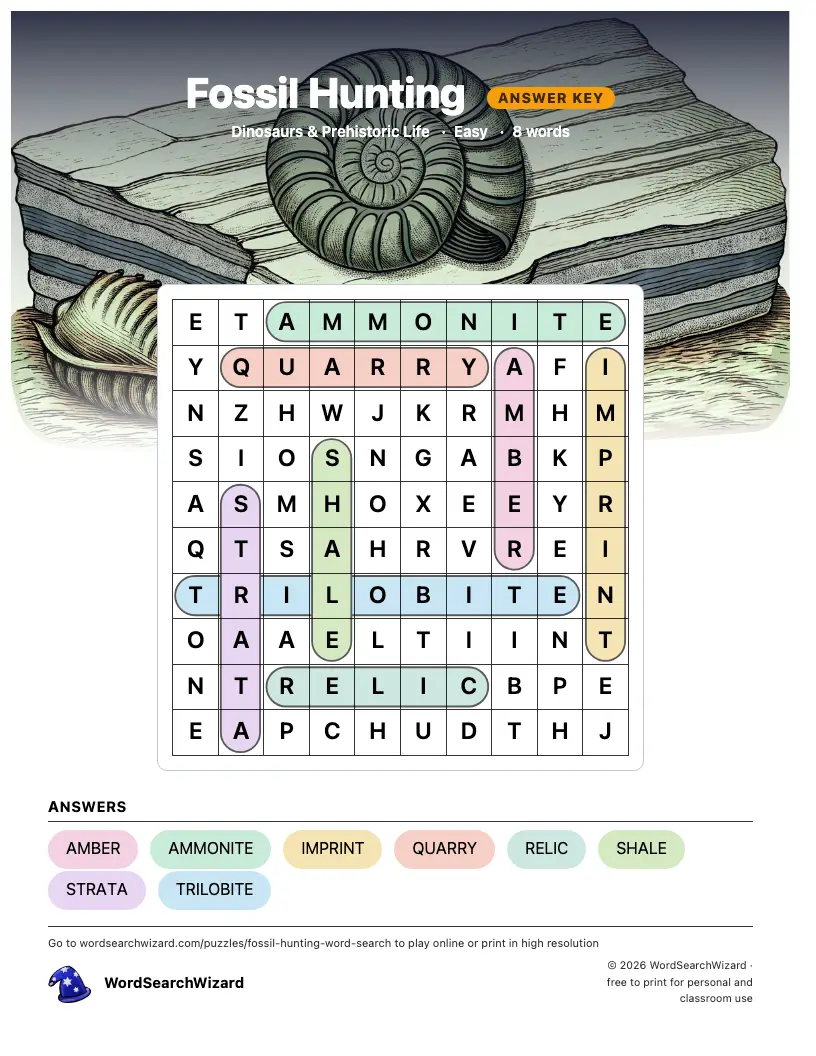 Fossil Hunting word search answer key, all 8 words marked