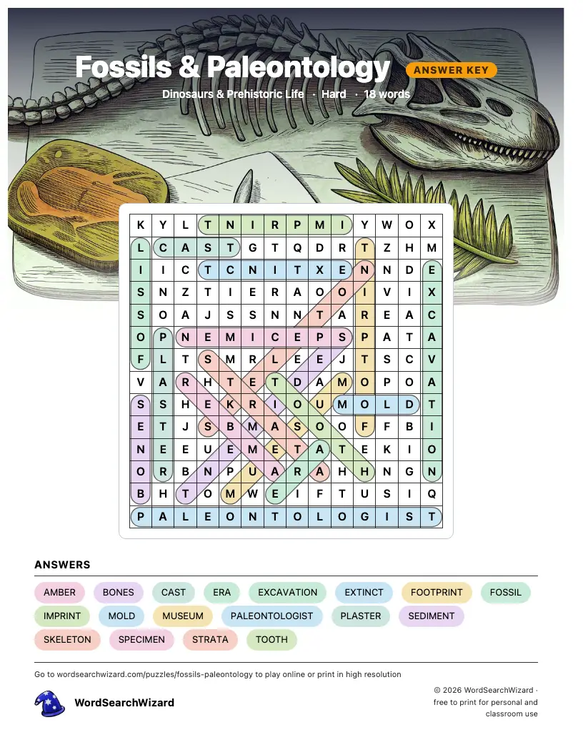 Fossils & Paleontology word search answer key, all 18 words marked