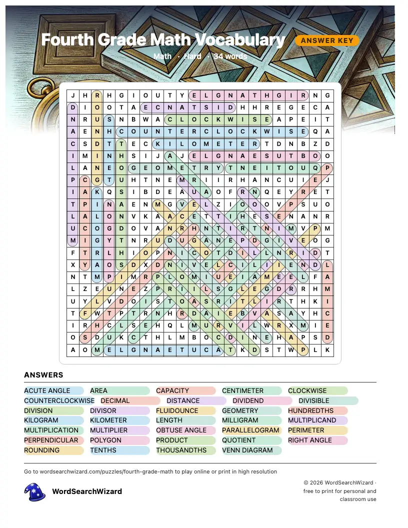 Fourth Grade Math Vocabulary word search answer key, all 34 words marked