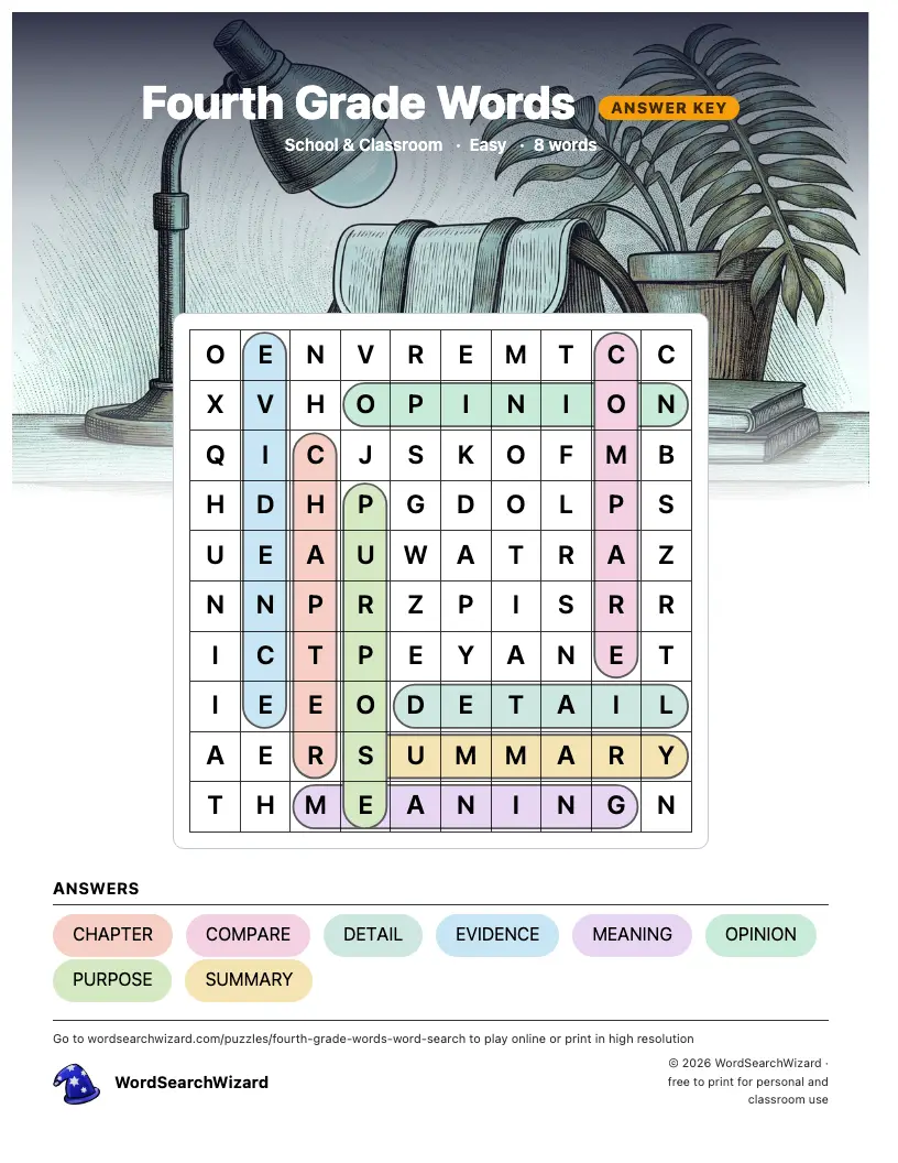 Fourth Grade Words word search answer key, all 8 words marked