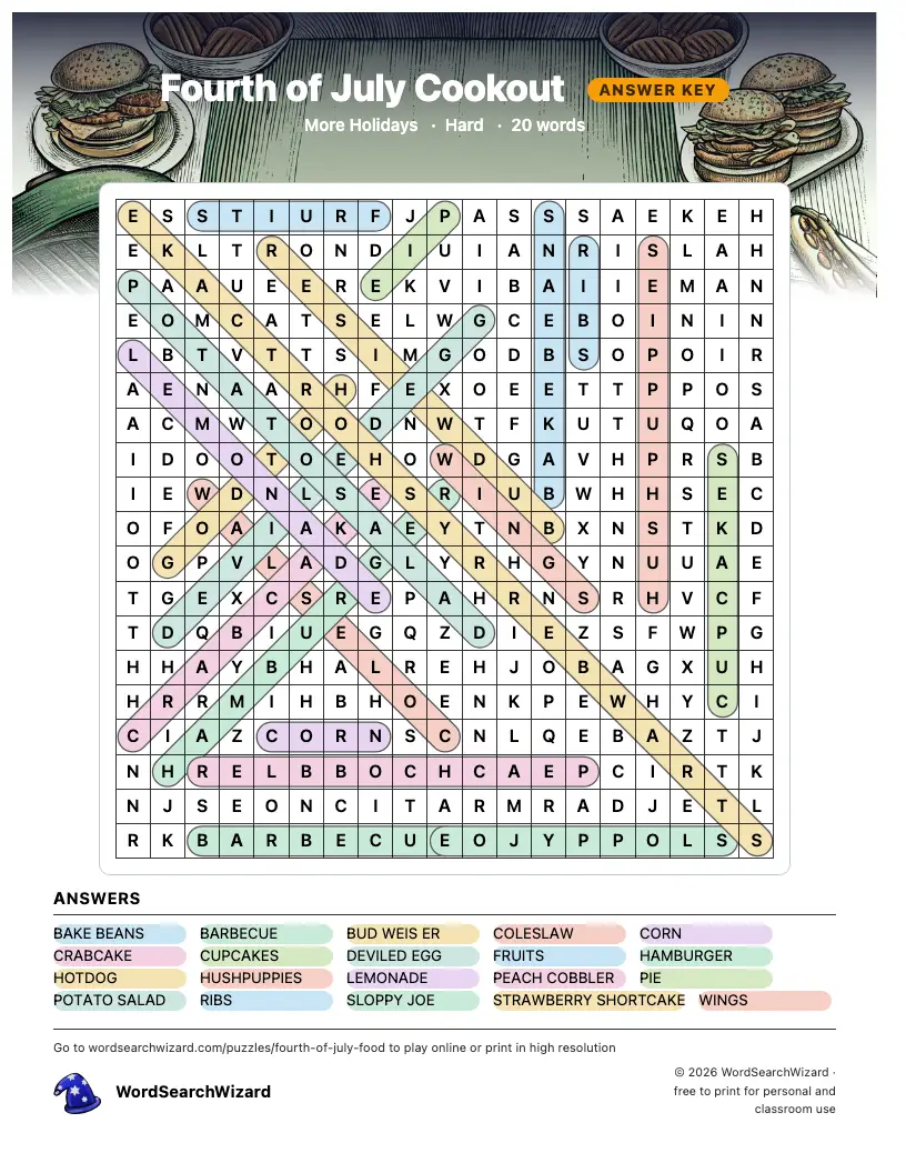 Fourth of July Cookout word search answer key, all 20 words marked