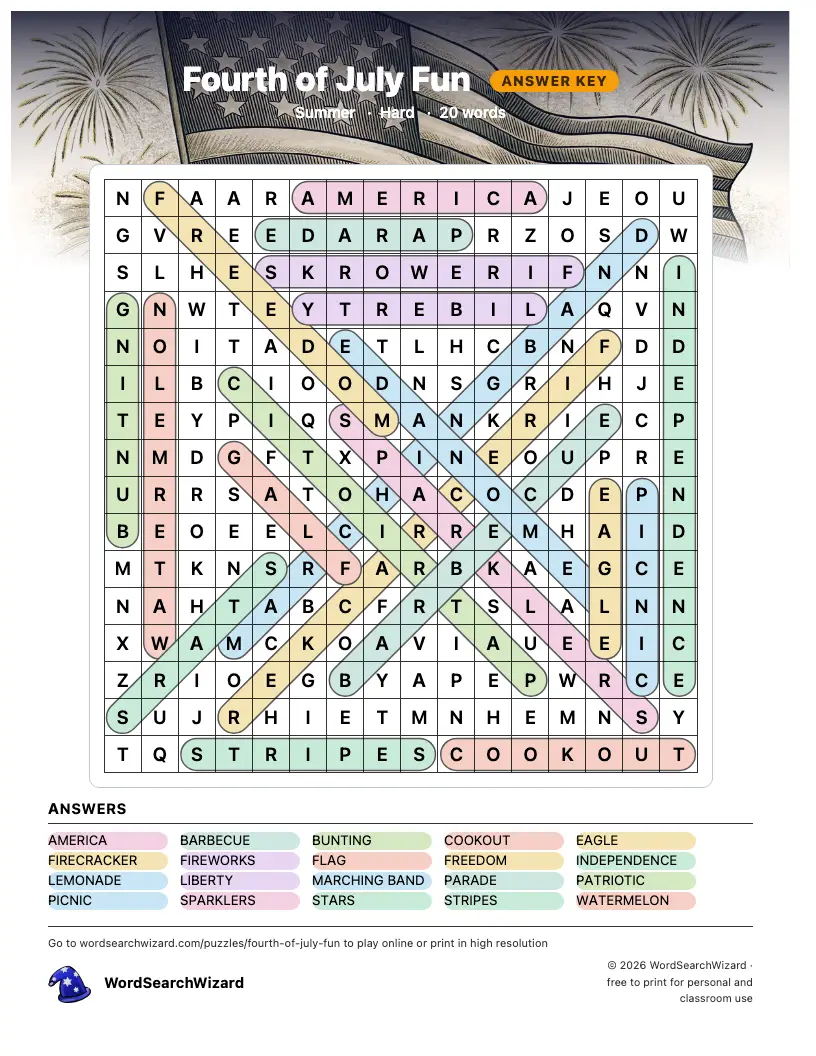 Fourth of July Fun word search answer key, all 20 words marked