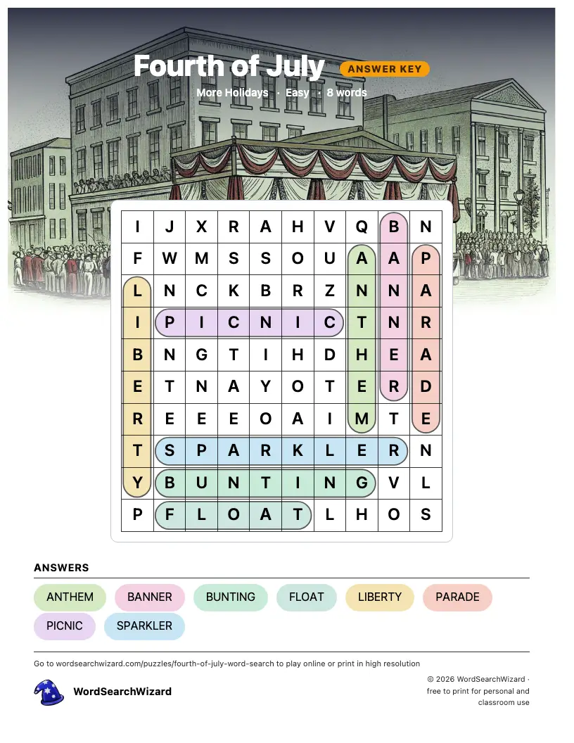 Fourth of July word search answer key, all 8 words marked