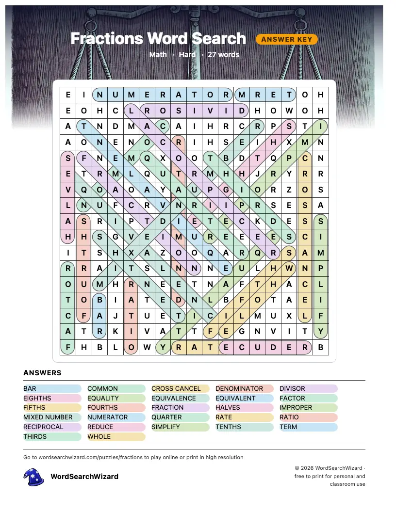 Fractions word search answer key, all 27 words marked