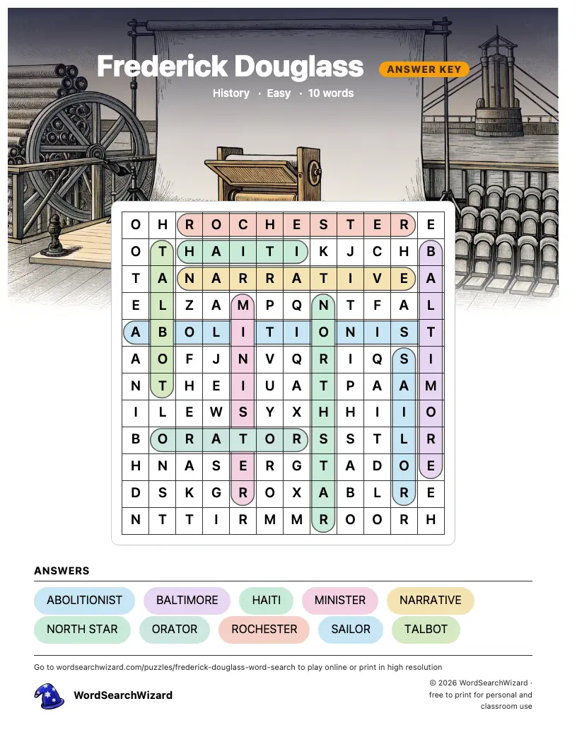 Frederick Douglass word search answer key, all 10 words marked