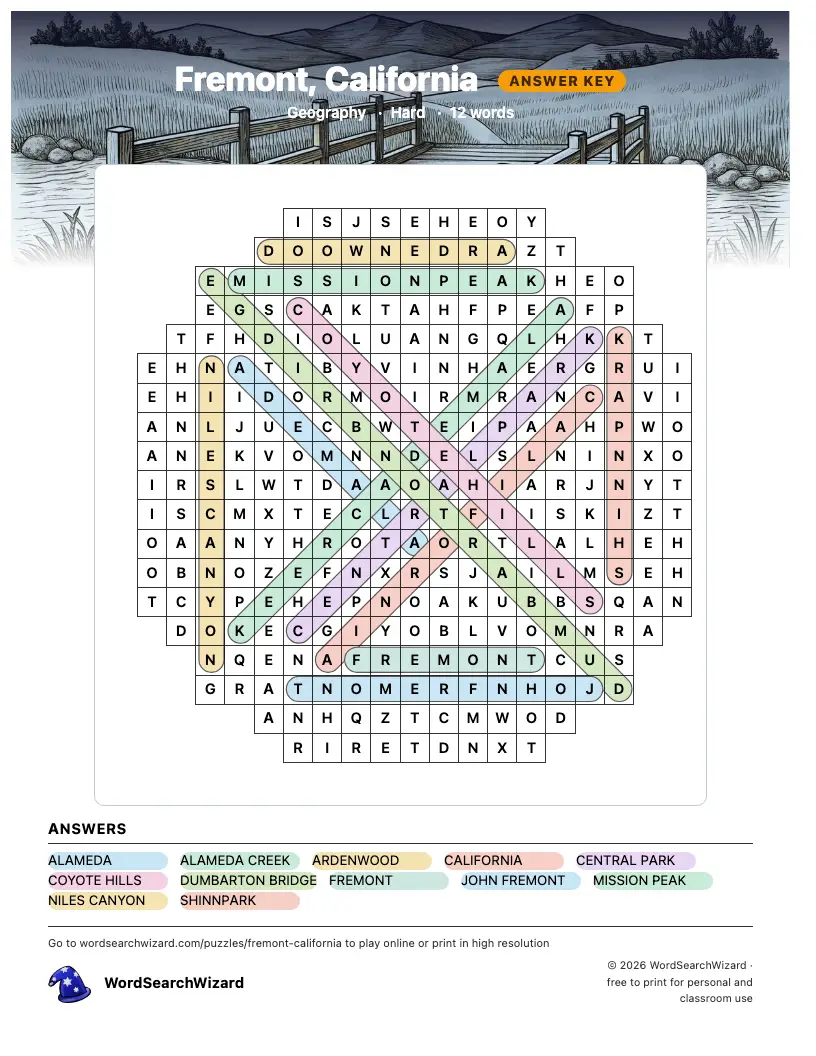 Fremont, California word search answer key, all 12 words marked