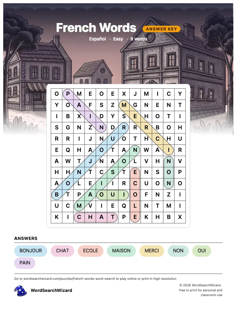 French Words word search answer key, all 8 words marked